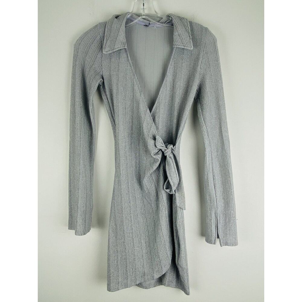 Forever 21 Sliver Metallic Long Sleeve Collared Wrap Dress Size XXS (964)